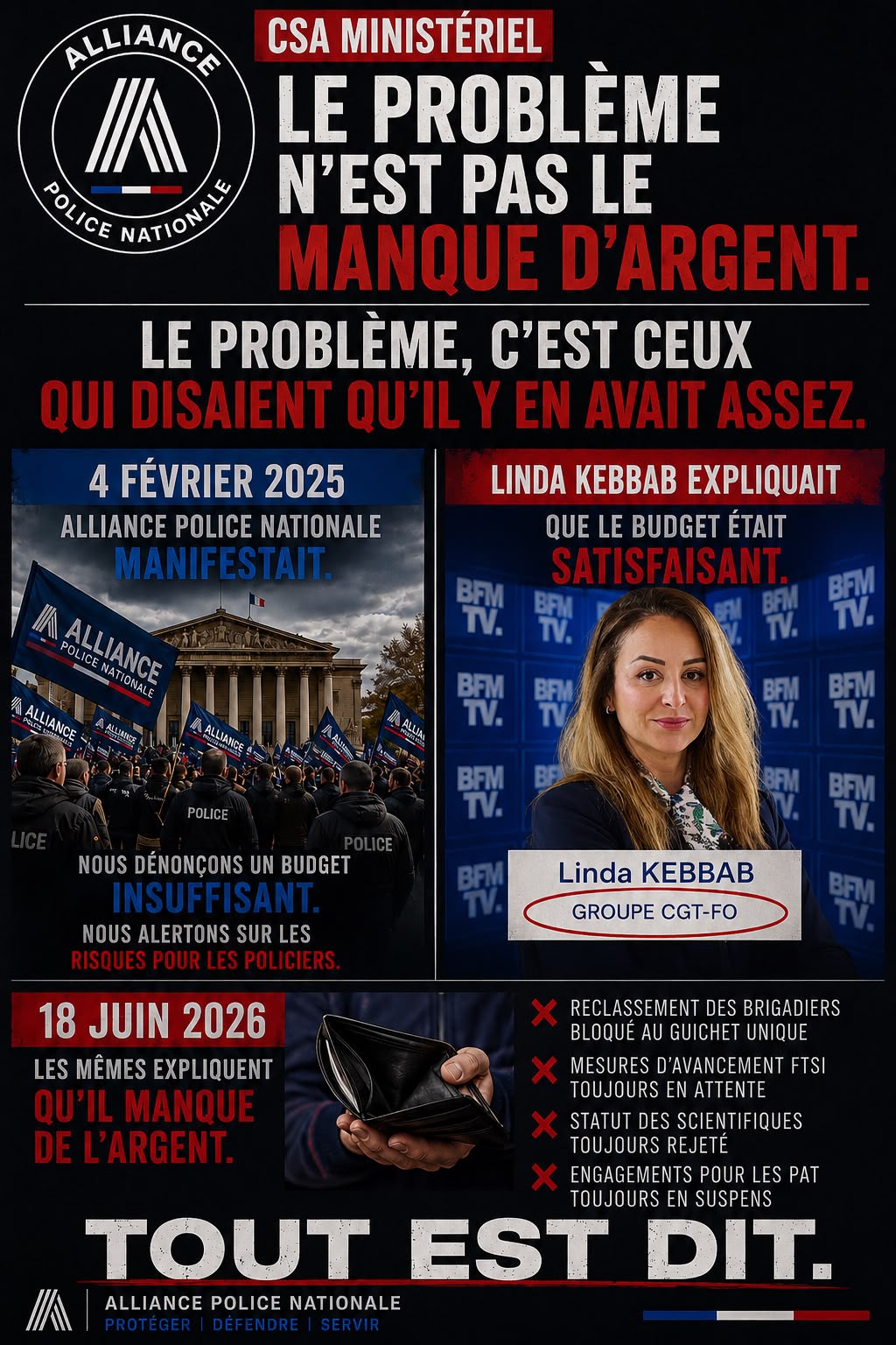 CSA MINISTERIEL, MANQUE D'ARGENT. ALLIANCE MANIFESTE, UNITE SATISFAIT DU BUDGET
