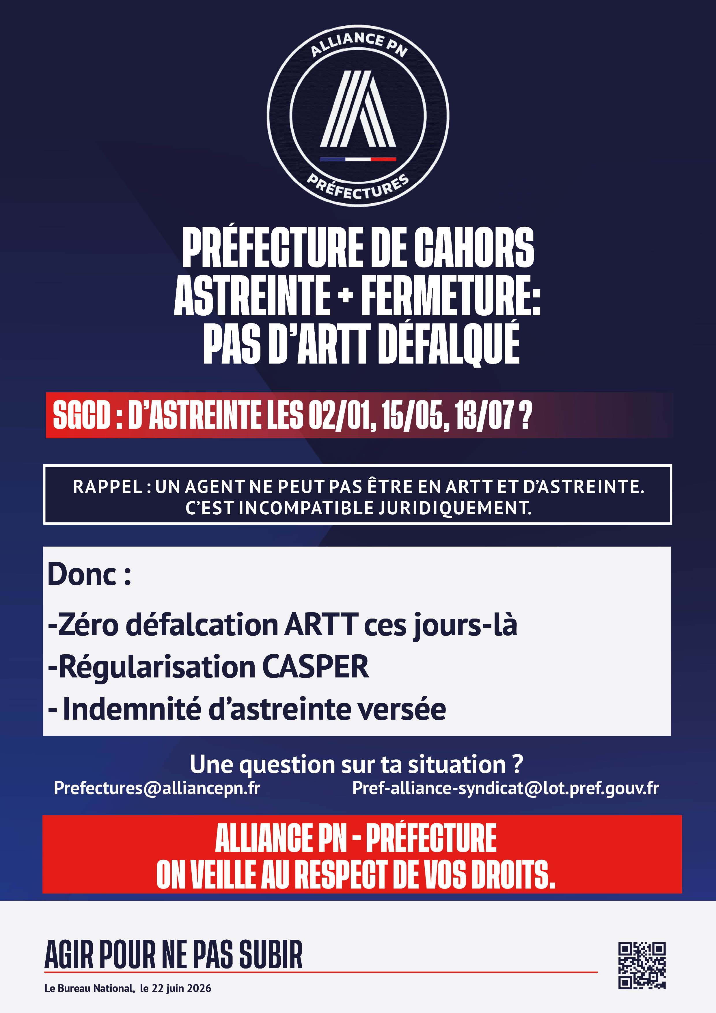 PRÉFECTURE DE CAHORS ASTREINTE + FERMETURE = PAS D’ARTT DÉFALQUÉ