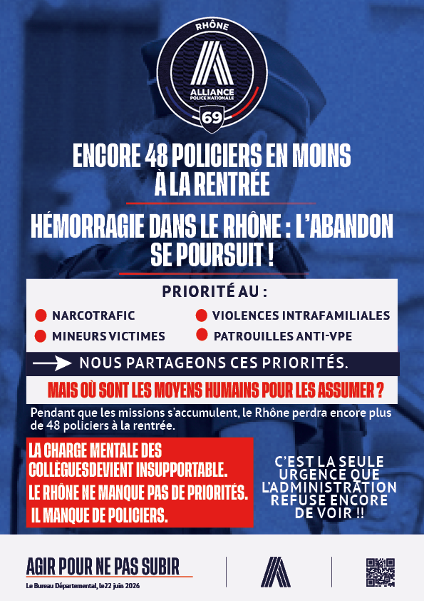 ENCORE 48 POLICIERS EN MOINS À LA RENTRÉE HÉMORRAGIE DANS LE RHÔNE : L’ABANDON SE POURSUIT !