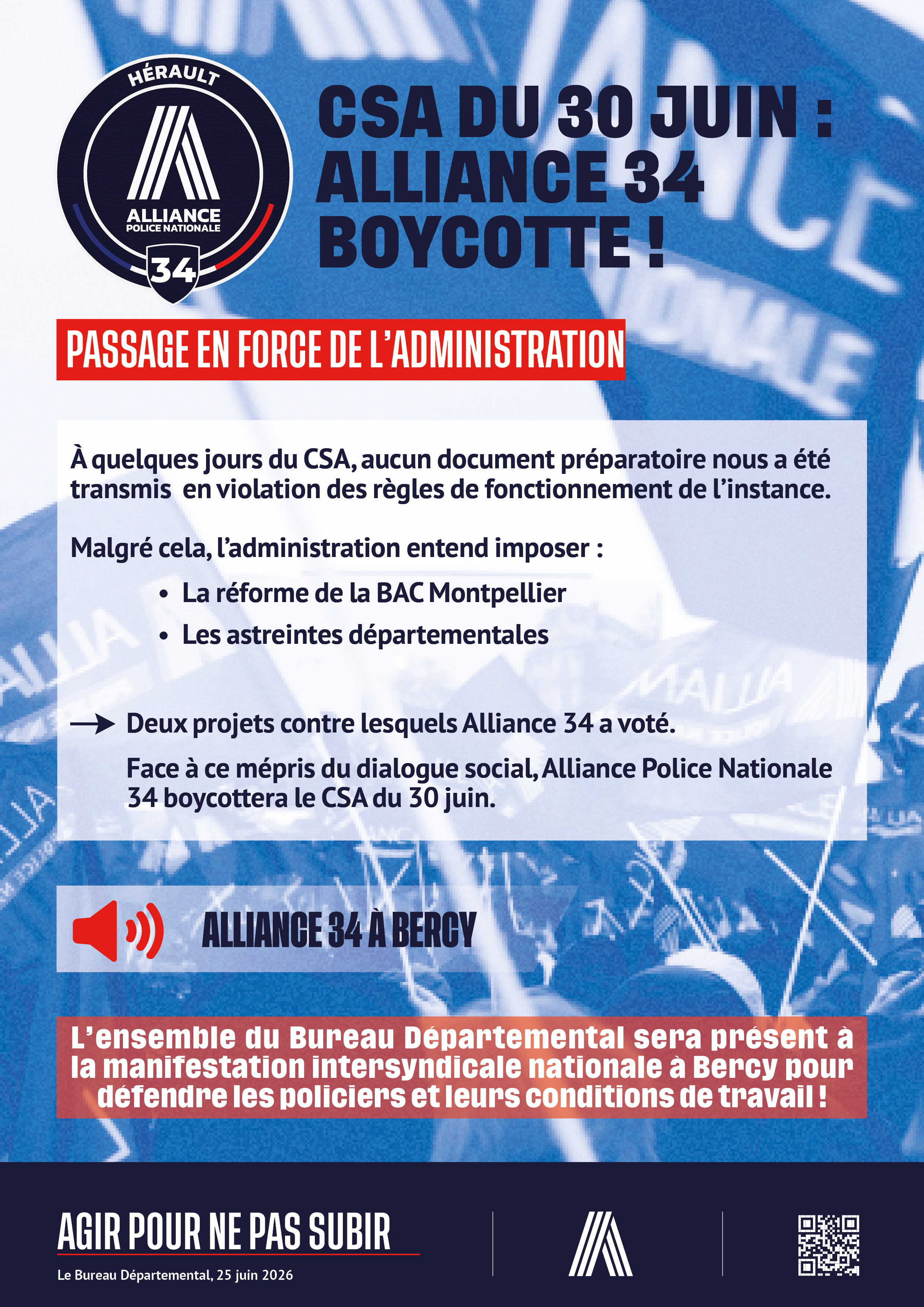 CSA DU 30 JUIN : ALLIANCE 34 BOYCOTTE ! PASSAGE EN FORCE DE L'ADMINISTRATION