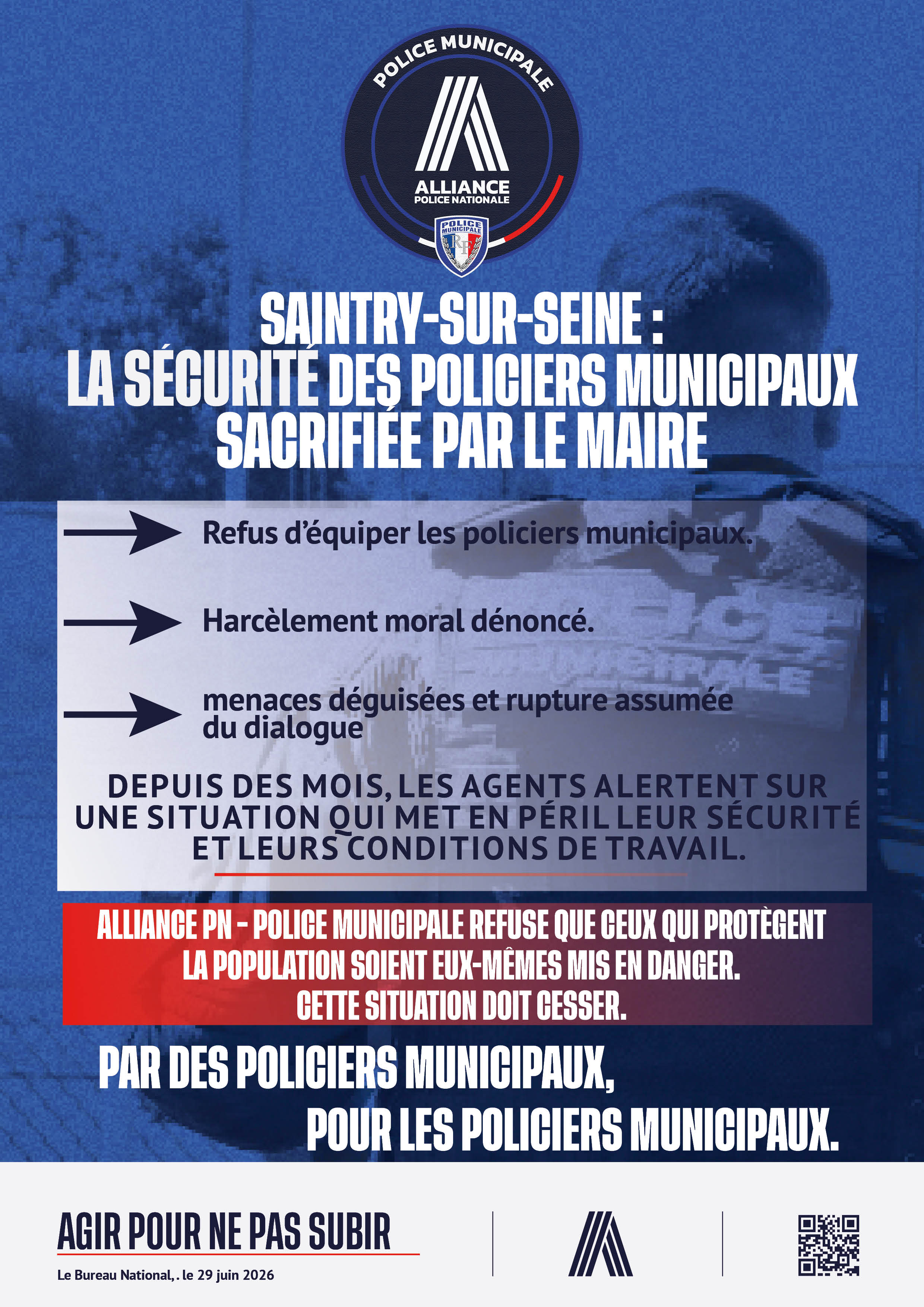 SAINTRY-SUR-SEINE : LA SÉCURITÉ DES POLICIERS MUNICIPAUX SACRIFIÉE PAR LE MAIRE