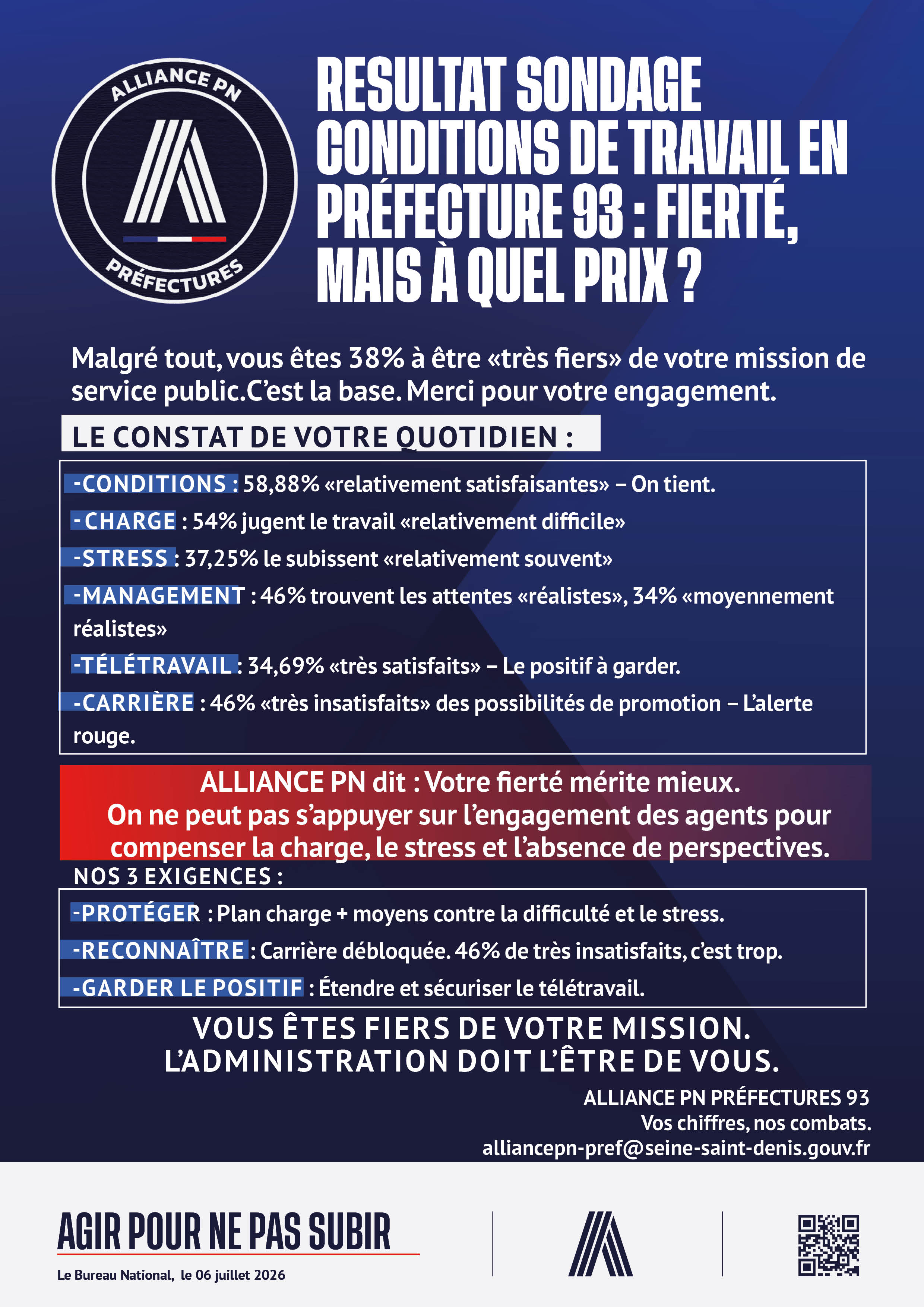 RESULTAT SONDAGE CONDITIONS DE TRAVAIL EN PRÉFECTURE 93 : FIERTÉ, MAIS À QUEL PRIX ?