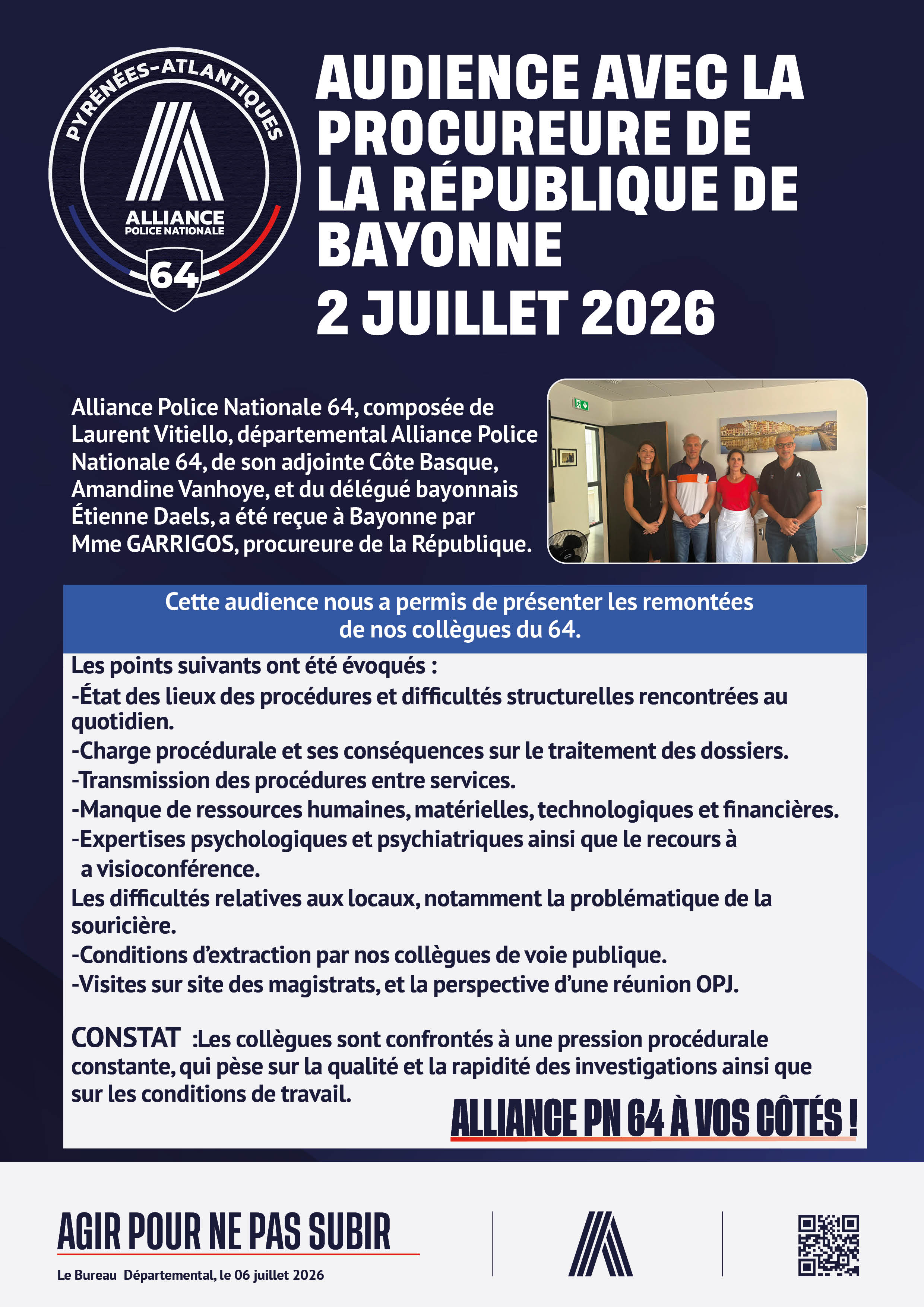 Audience avec la procureure de la République de Bayonne 2 juillet 2026