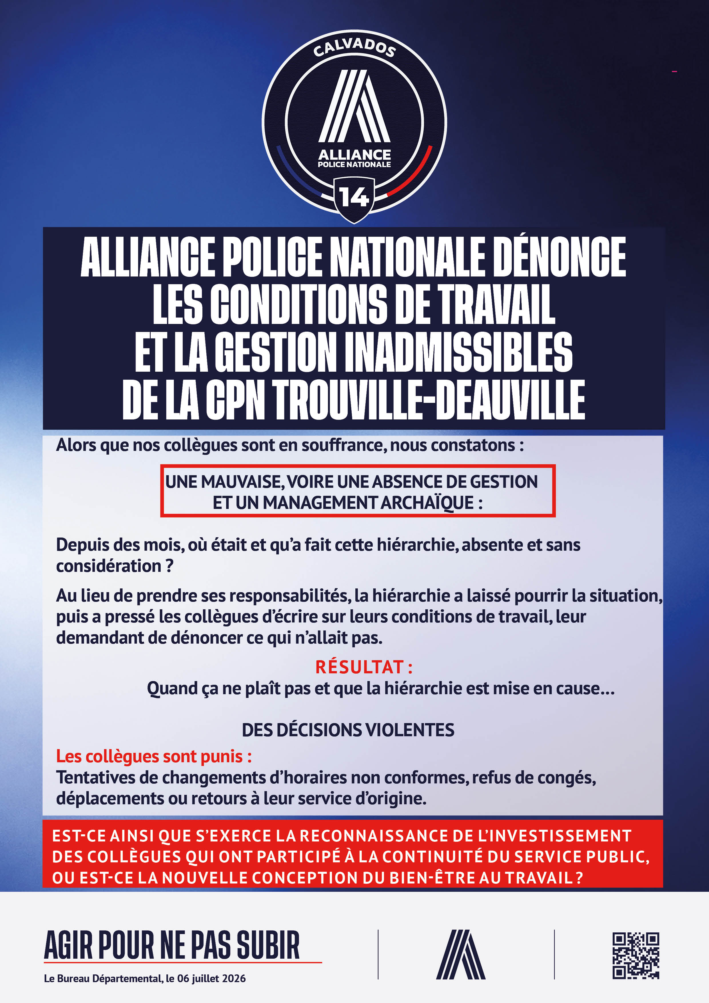 ALLIANCE POLICE NATIONALE DÉNONCE LES CONDITIONS DE TRAVAIL ET LA GESTION INADMISSIBLES DE LA CPN TROUVILLE-DEAUVILLE
