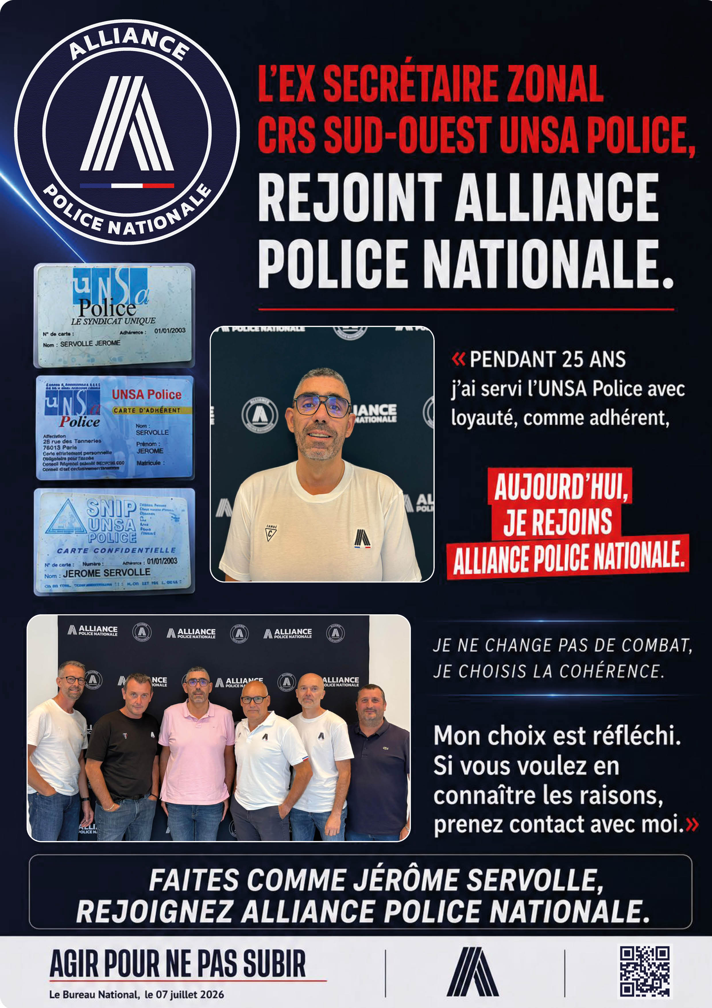L'EX SECRÉTAIRE ZONAL CRS SUD-OUEST UNSA POLICE, REJOINT ALLIANCE POLICE NATIONALE.