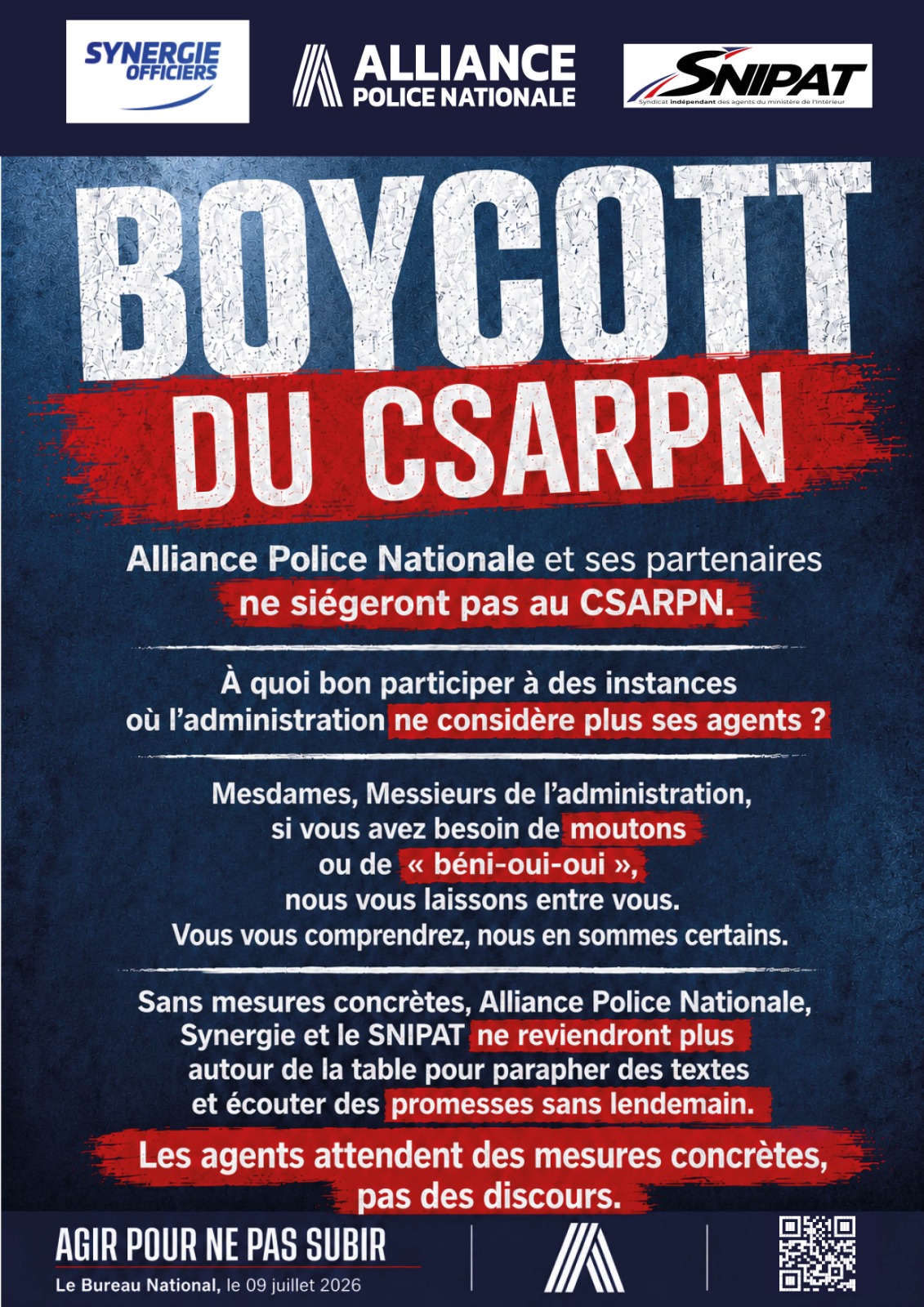 Alliance Police Nationale et ses partenaires ne siégeront pas au CSARPN.