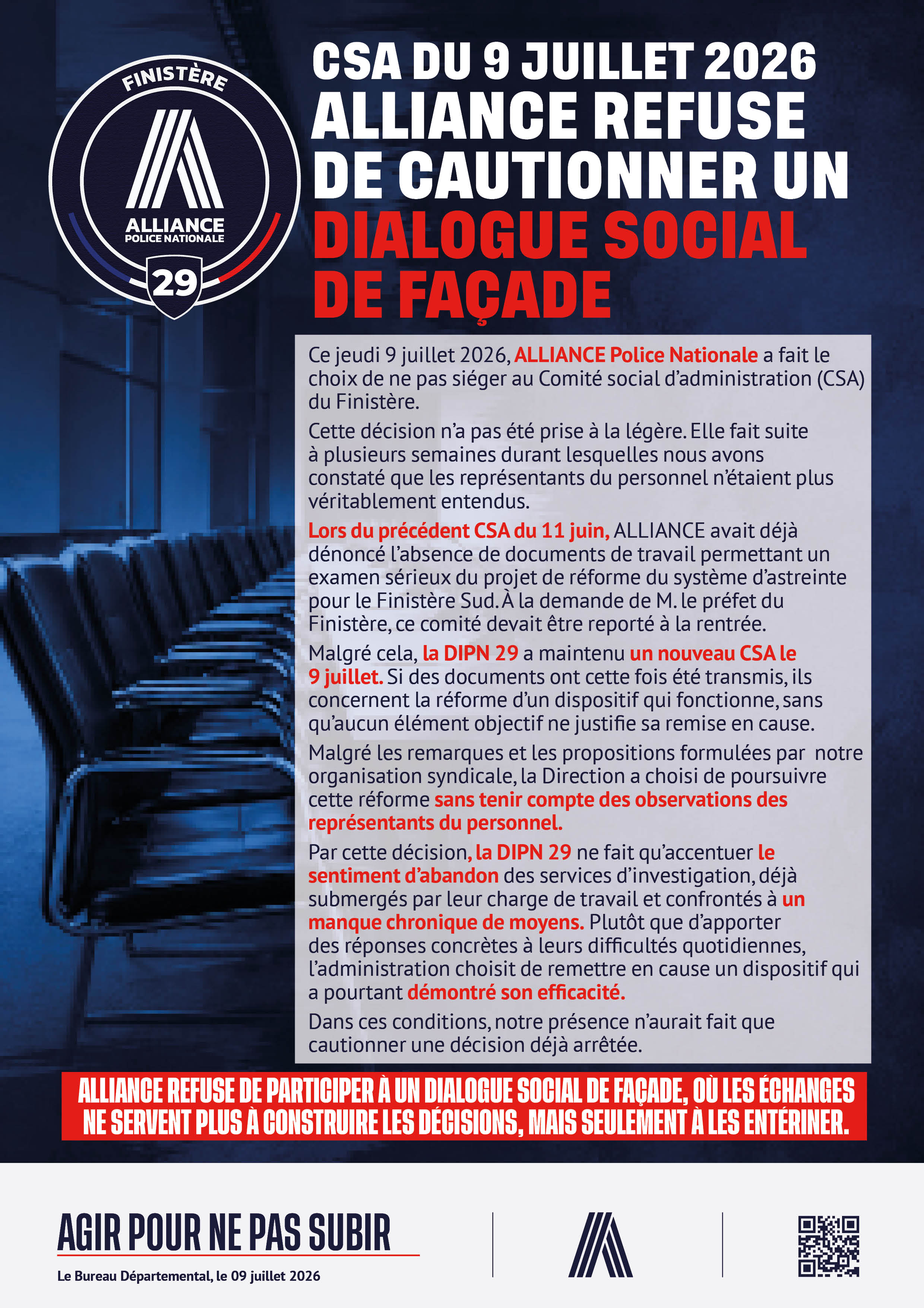 CSA du 9 juillet 2026 : ALLIANCE REFUSE DE CAUTIONNER UN DIALOGUE SOCIAL DE FAÇADE