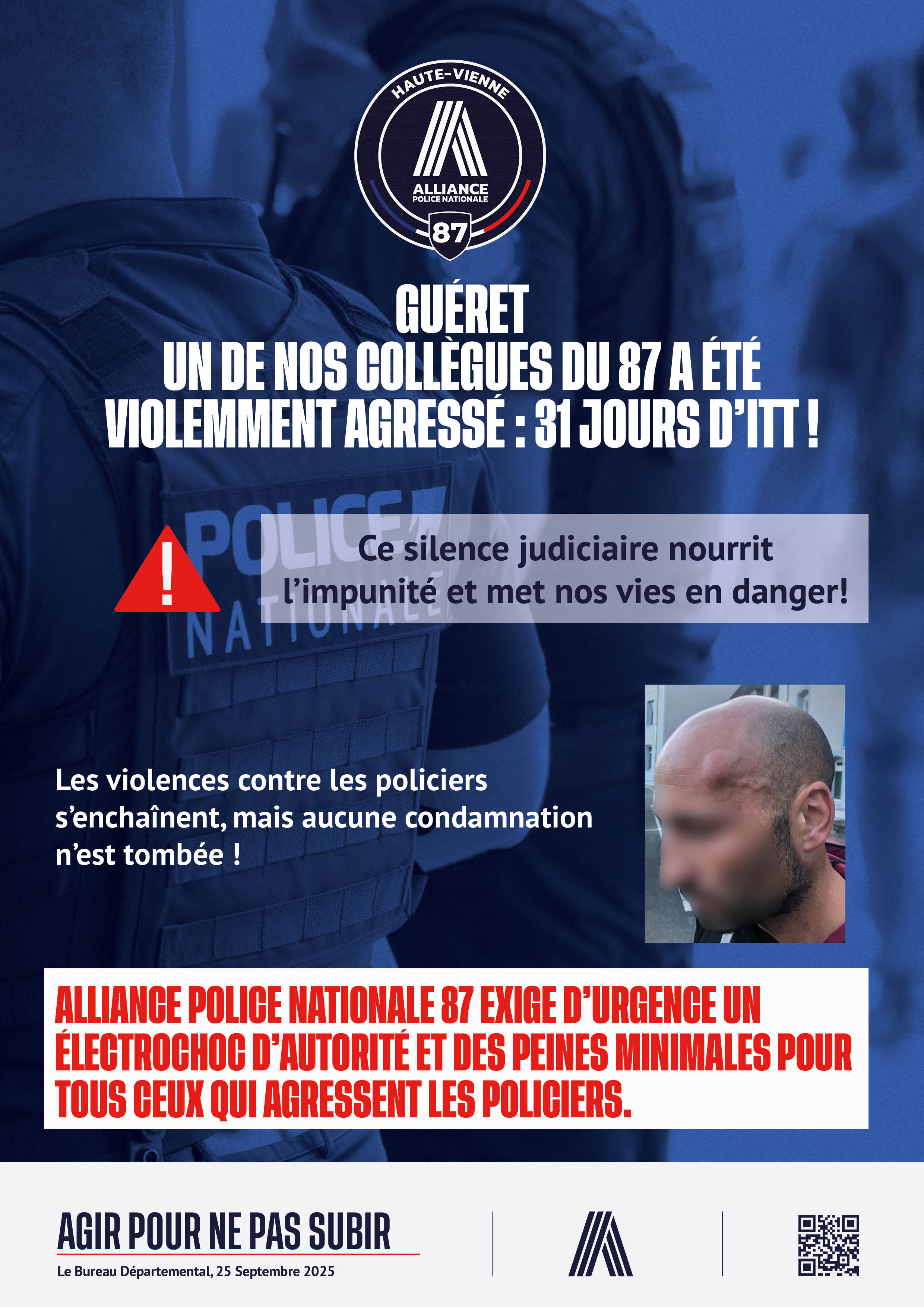 GUÉRET UN DE NOS COLLÈGUES DU 87 A ÉTÉ VIOLEMMENT AGRESSÉ : 31 JOURS D’ITT !
