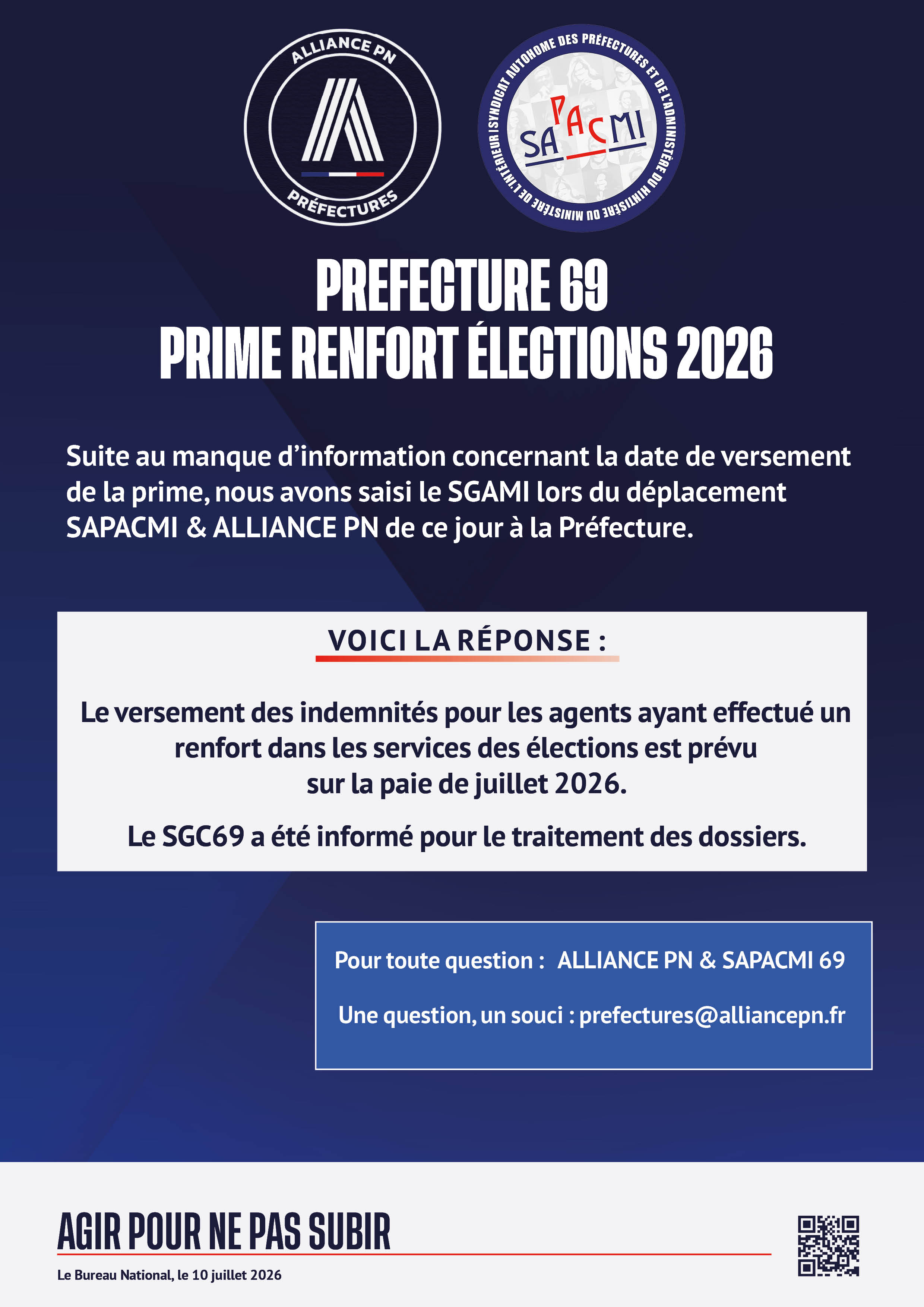 PREFECTURE 69 - PRIME RENFORT ÉLECTIONS 2026