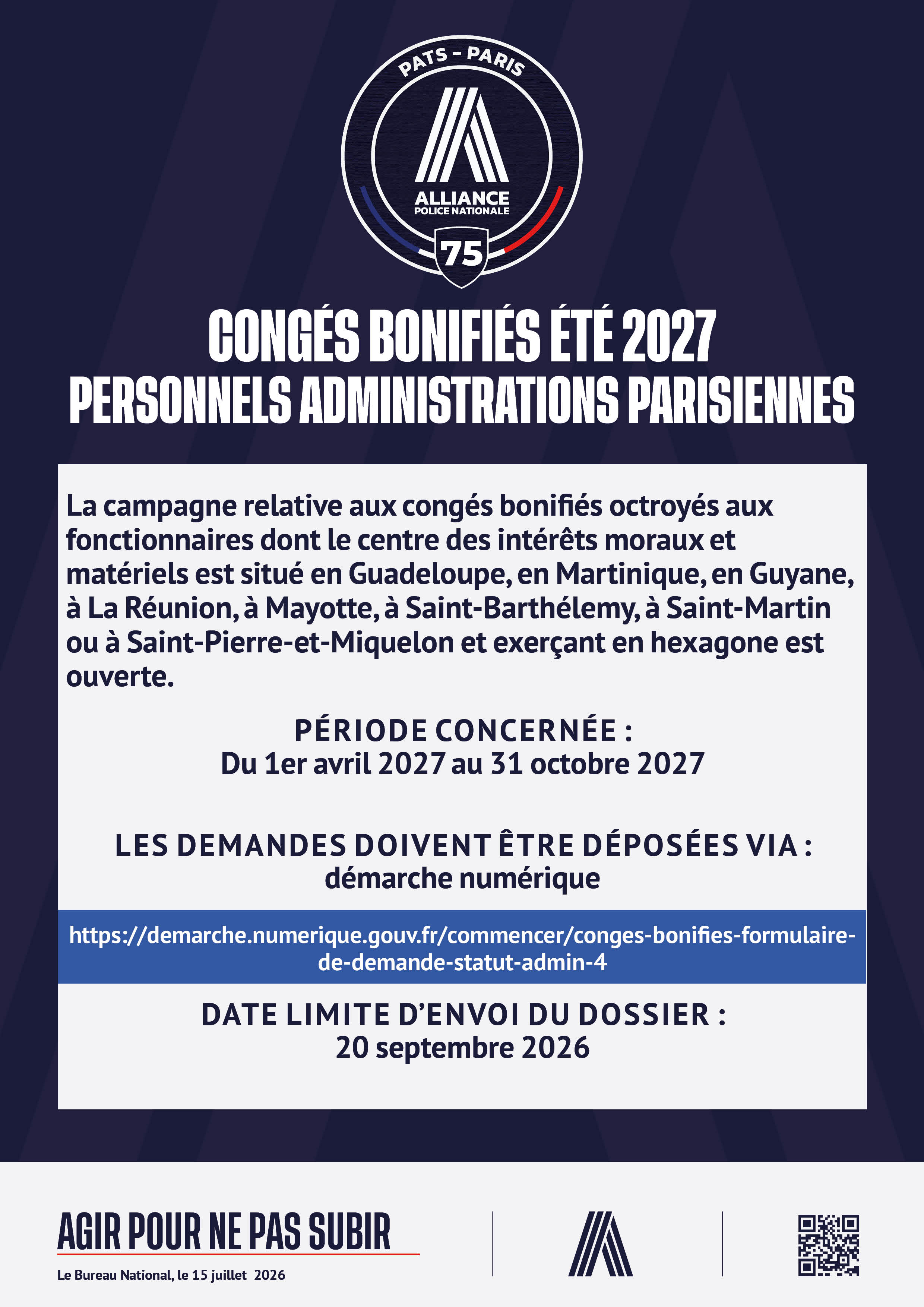 CONGÉS BONIFIÉS ÉTÉ 2027 PERSONNELS ADMINISTRATIONS PARISIENNES