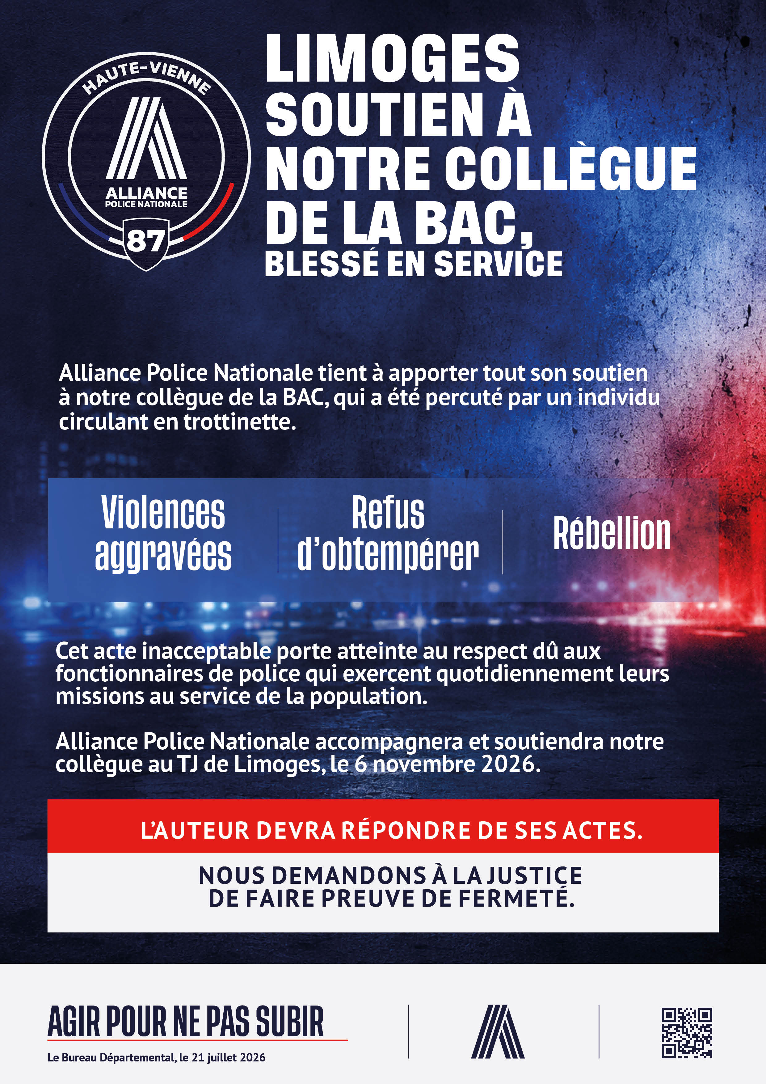 LIMOGES SOUTIEN À NOTRE COLLÈGUE DE LA BAC, blessé en service