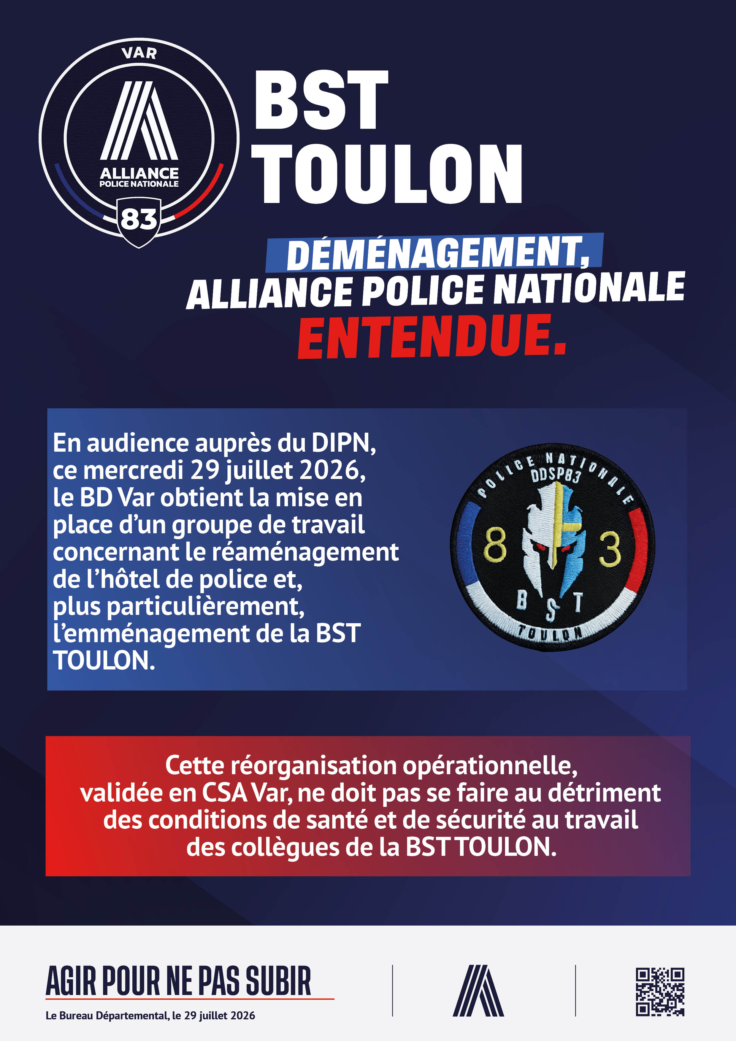 BST TOULON : déménagement, Alliance Police Nationale entendue.