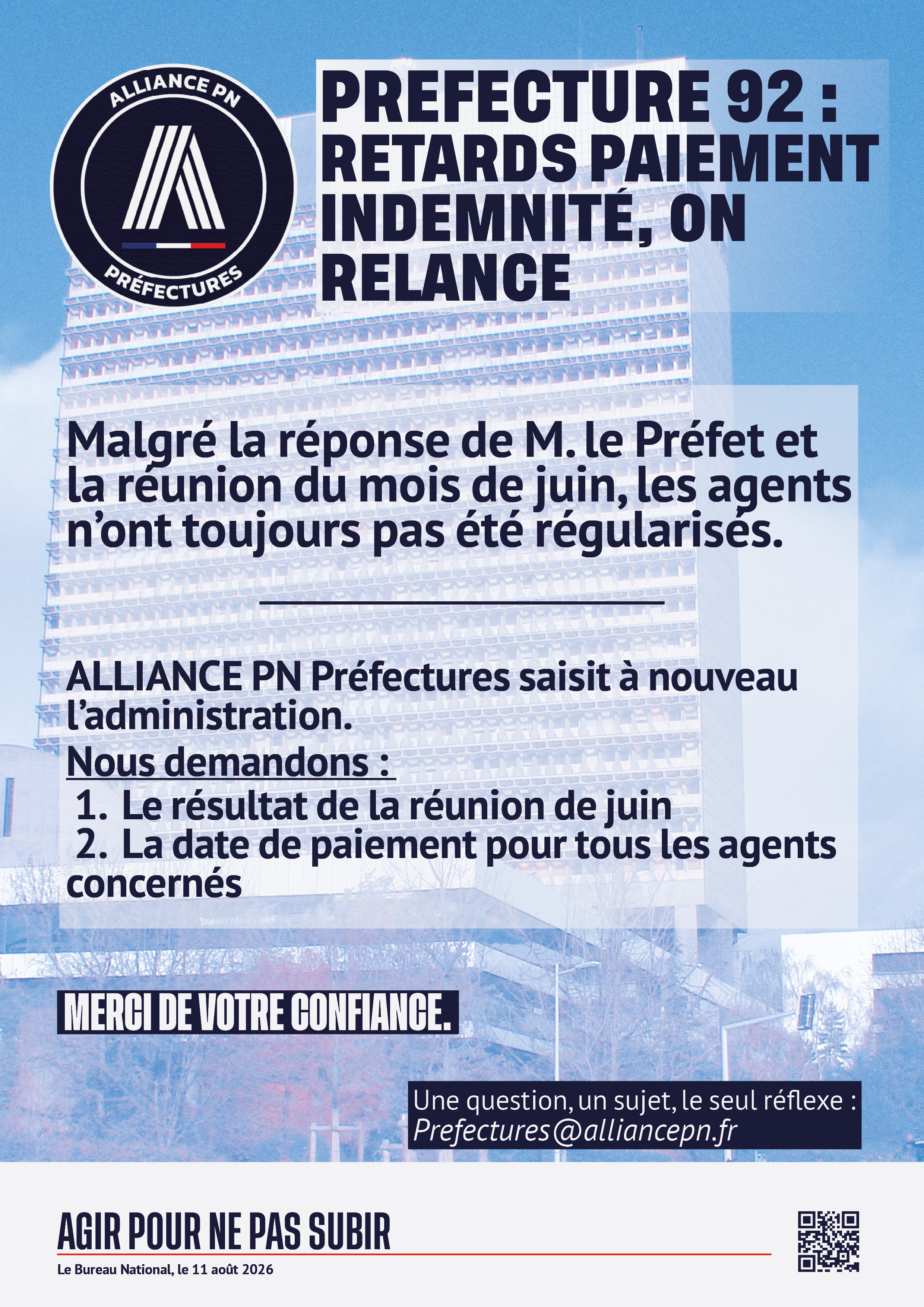 préfecture 92 : retards paiement indemnité, on relance.