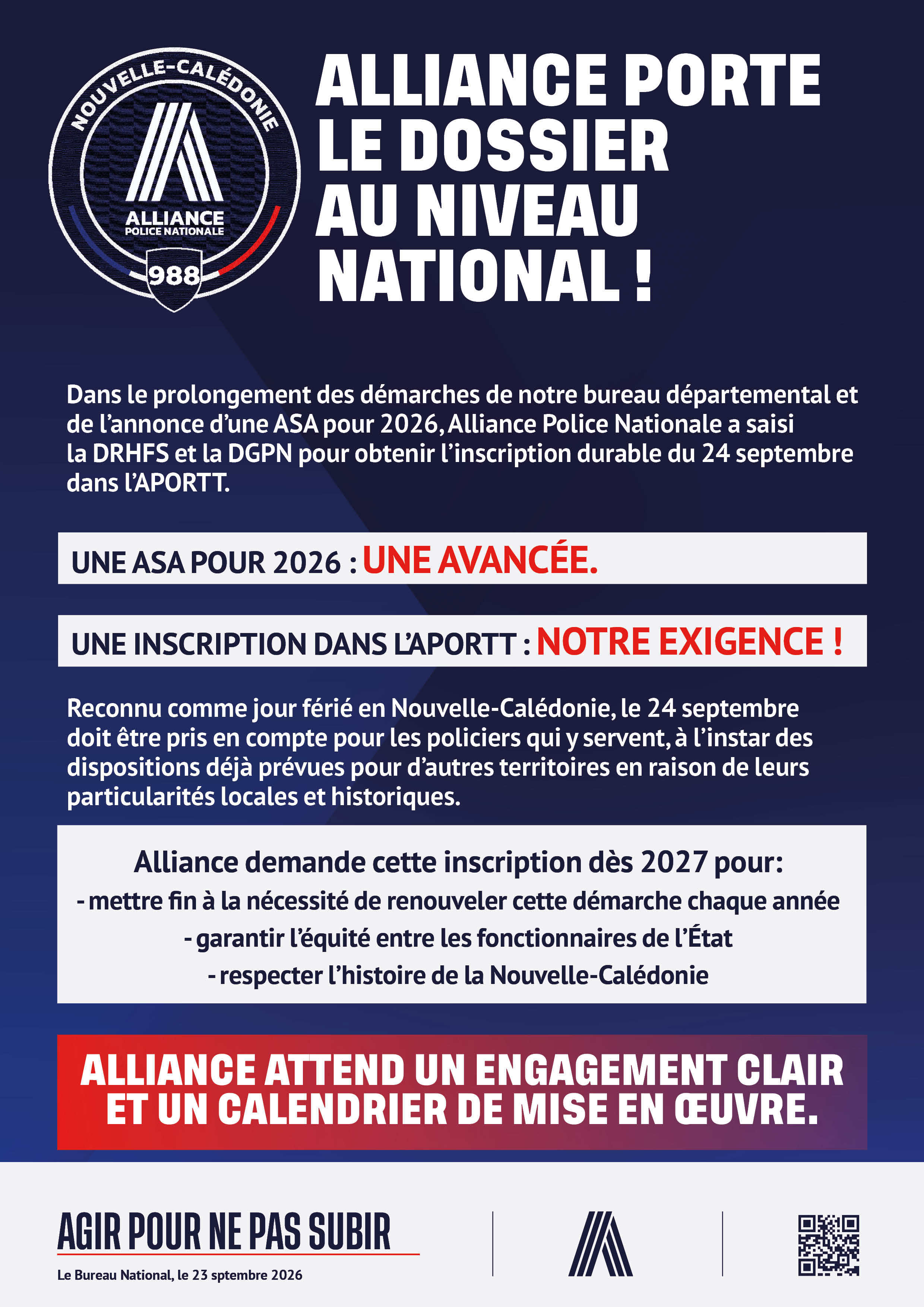 ALLIANCE PORTE LE DOSSIER AU NIVEAU NATIONAL !