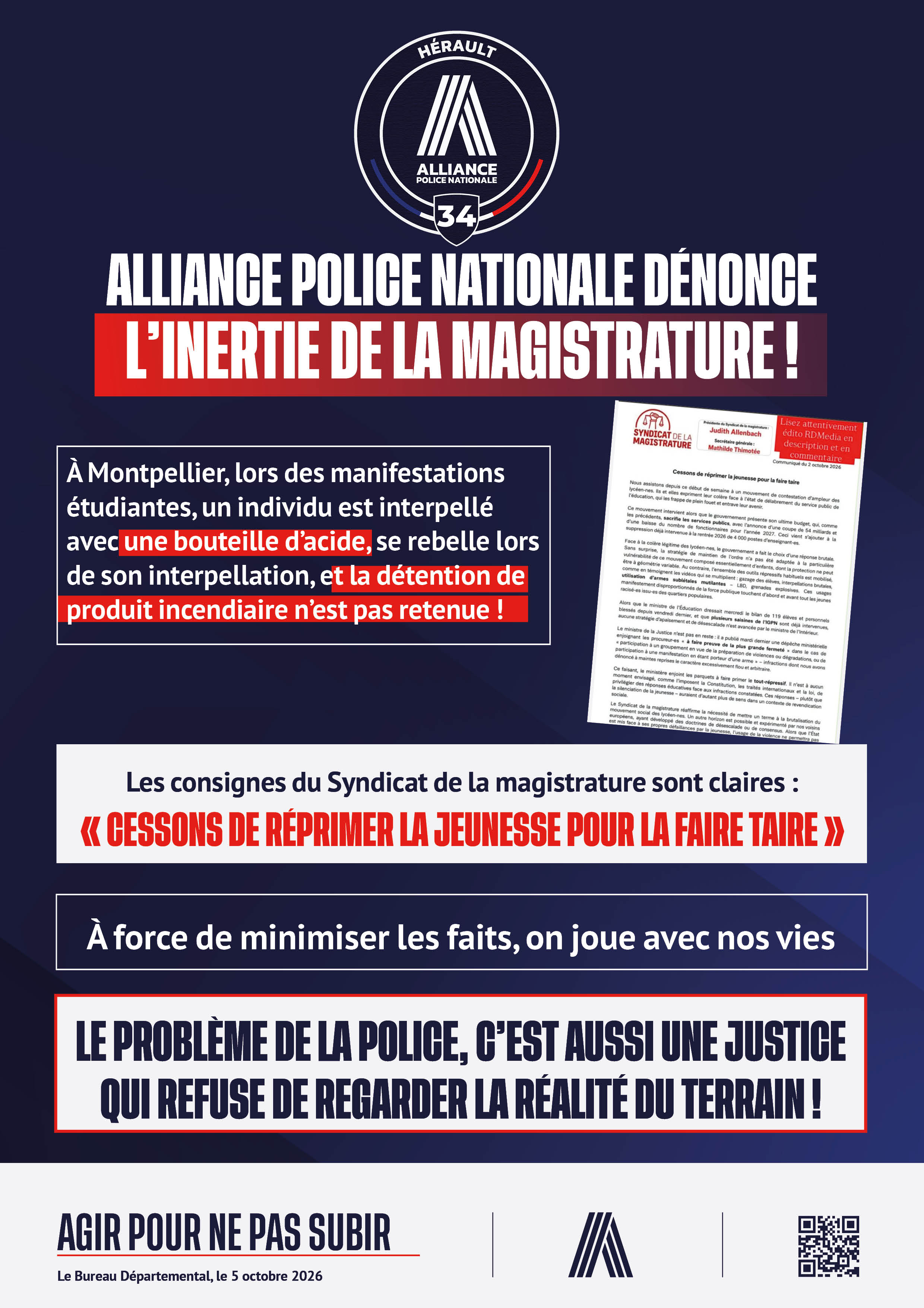 ALLIANCE POLICE NATIONALE DÉNONCE L'INERTIE DE LA MAGISTRATURE !