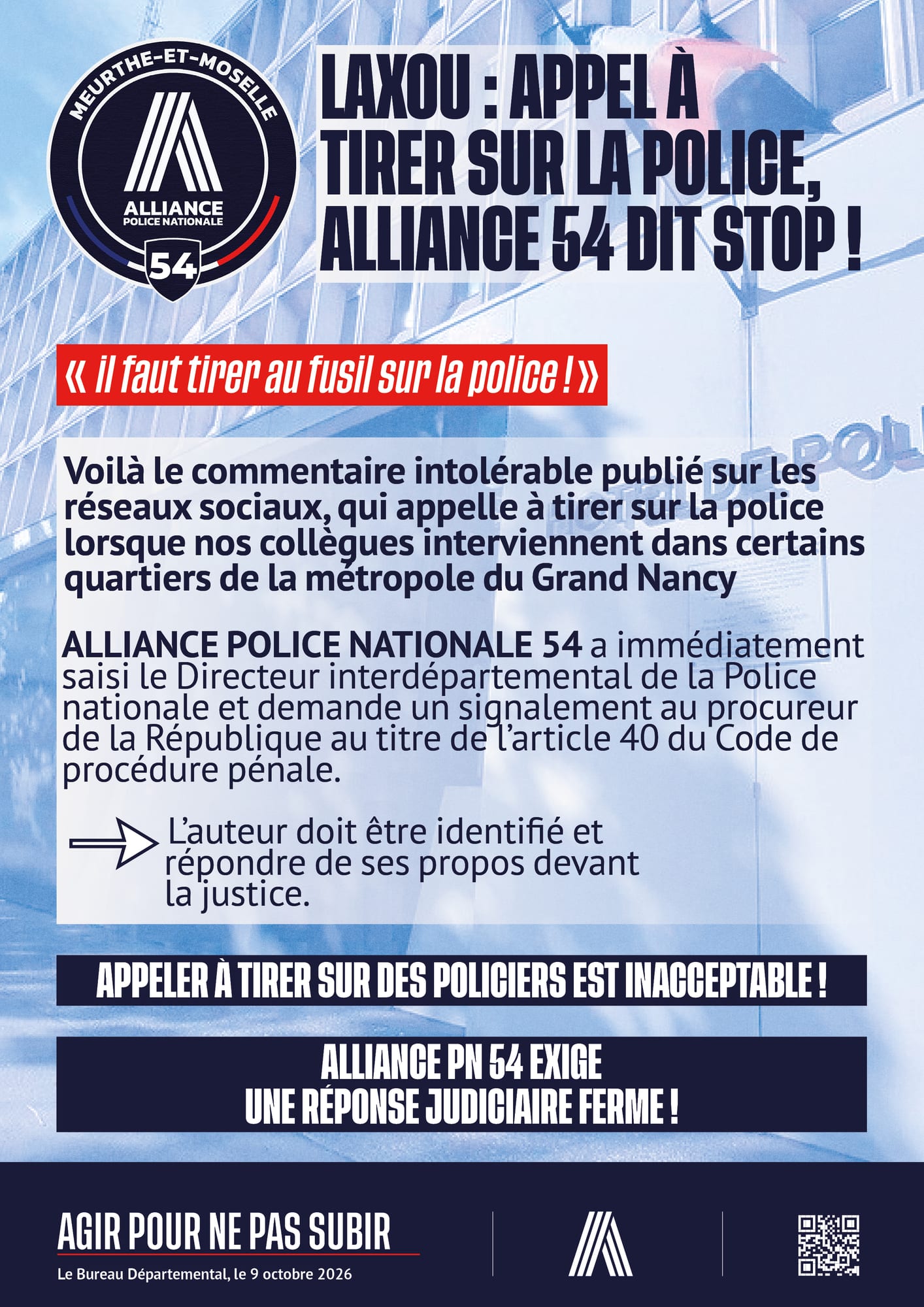 Laxou : appel à tirer sur la police. Alliance 54 dit stop !