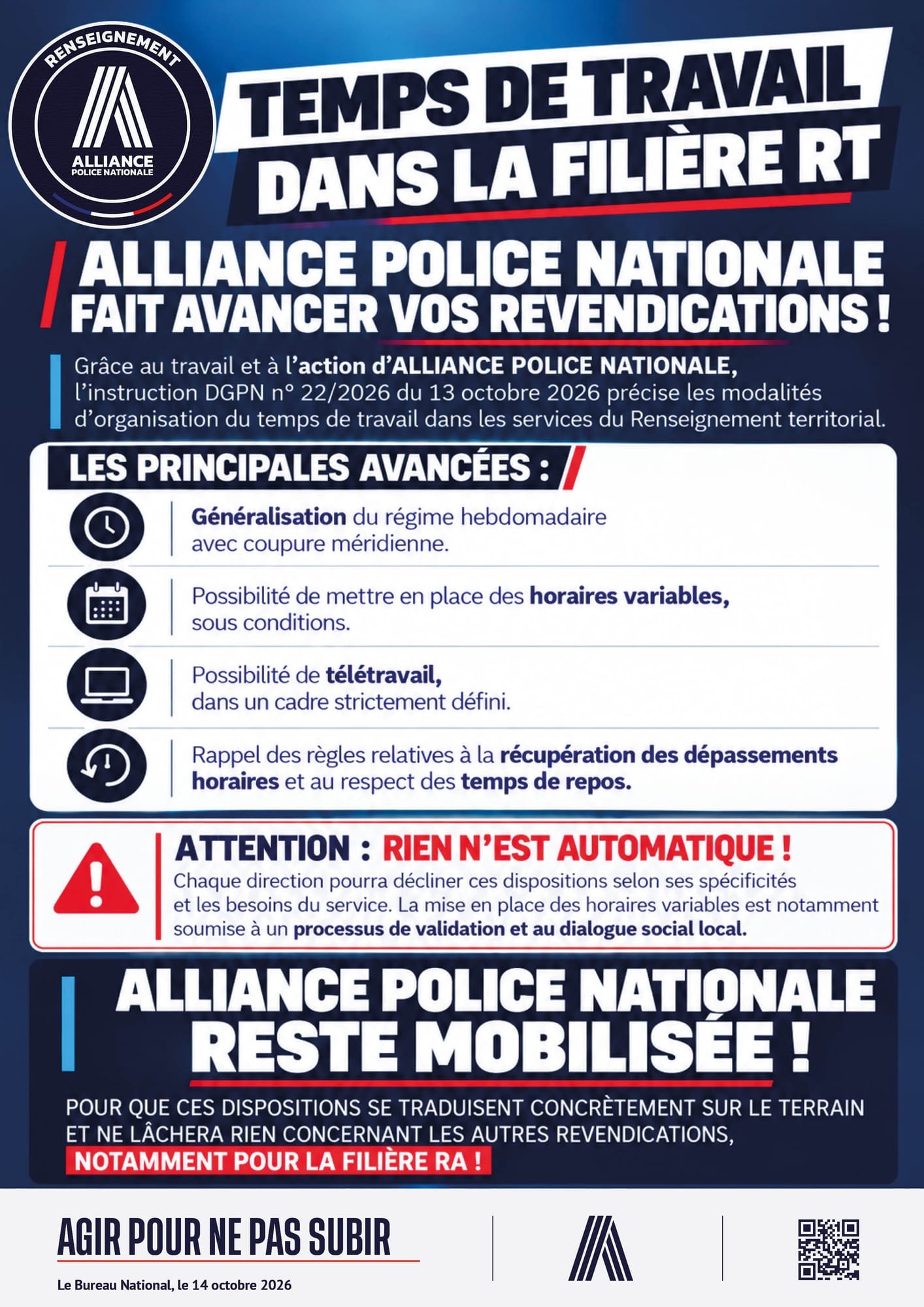 TEMPS DE TRAVAIL DANS LA FILIÈRE RT ALLIANCE POLICE NATIONALE FAIT AVANCER VOS REVENDICATIONS !