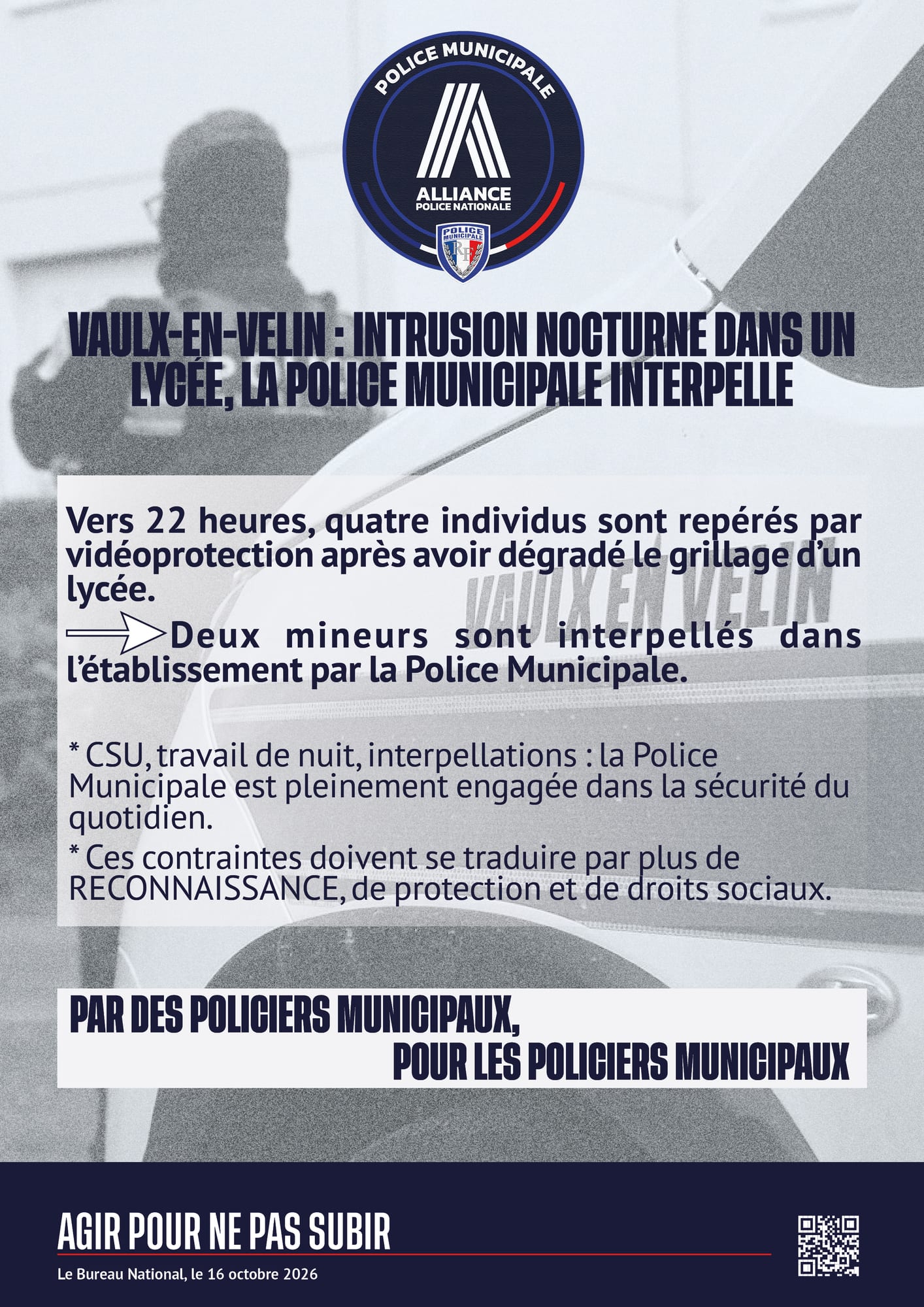 vaulx-en-velin : intrusion nocturne dans un lycée, la police municipale interpelle.