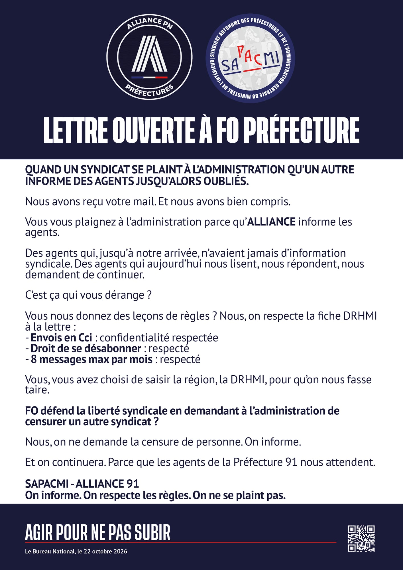 Lettre ouverte à FO Préfecture
