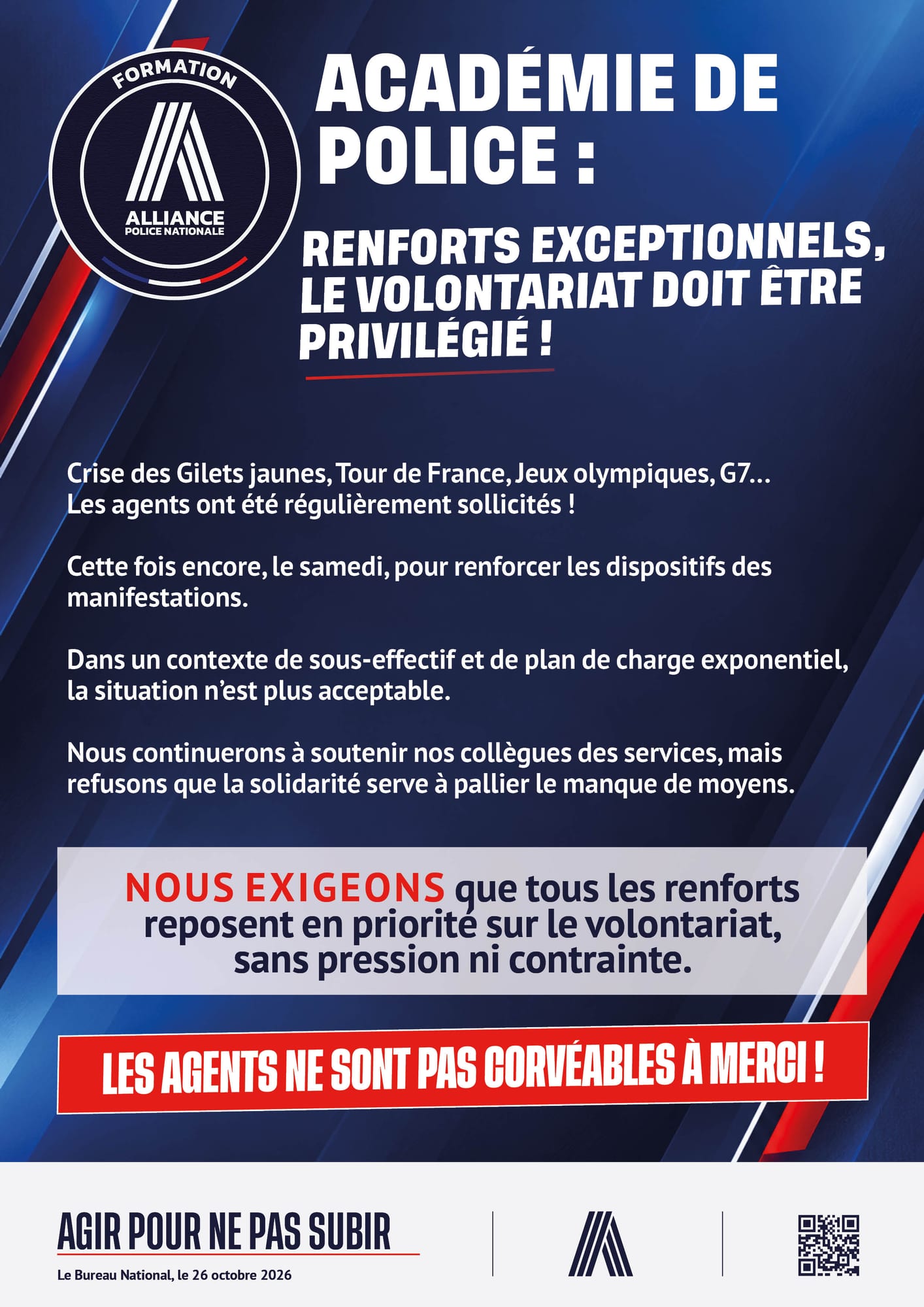 Académie de Police : Renforts exceptionnels, le volontariat doit être privilégié !