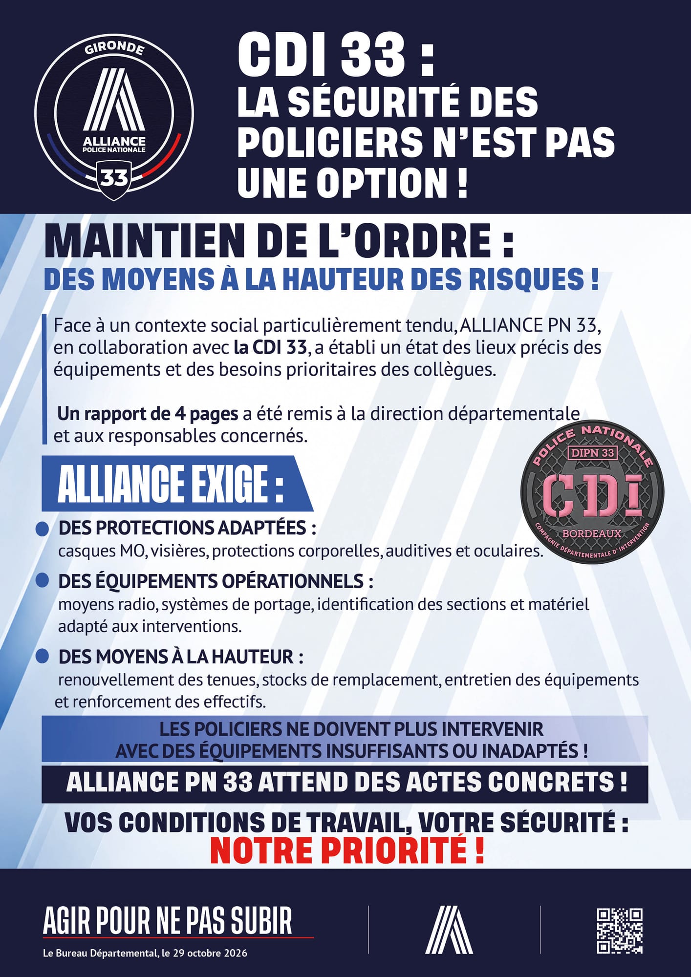 CDI 33 : LA SÉCURITÉ DES POLICIERS N'EST PAS UNE OPTION !