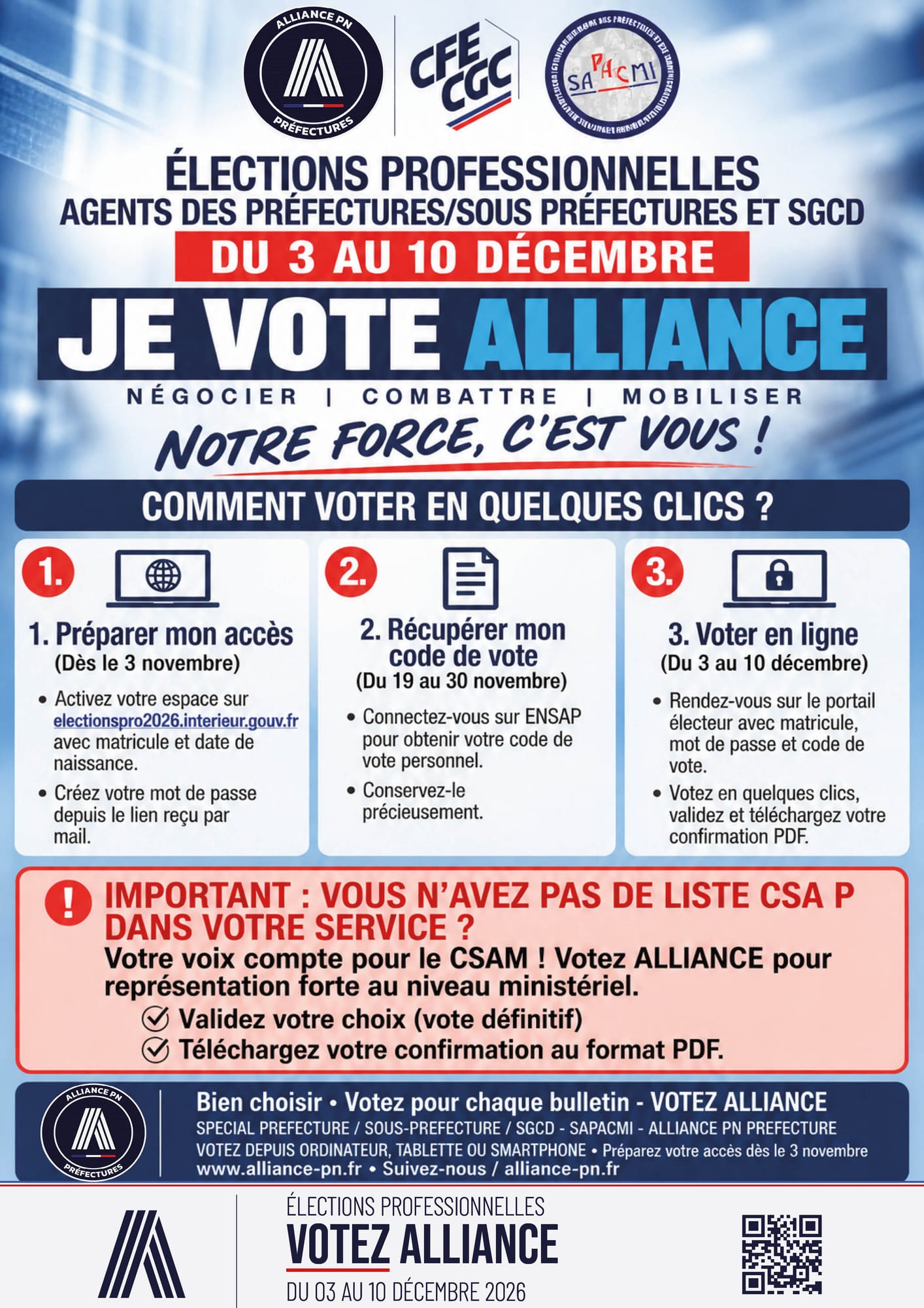 ÉLECTIONS PROFESSIONNELLES 2026 DU 3 AU 10 DÉCEMBRE JE VOTE ALLIANCE