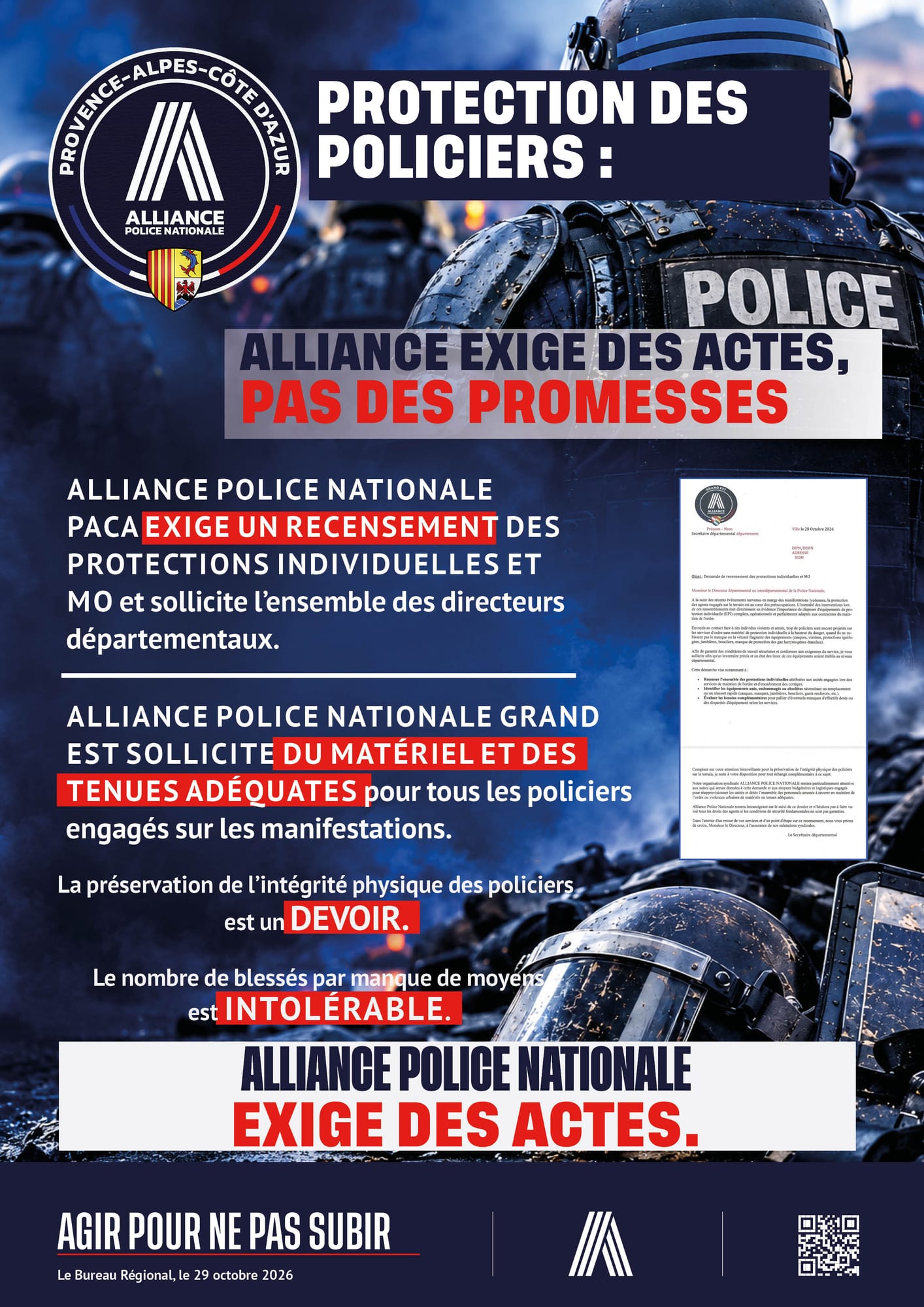 PROTECTION DES POLICIERS ALLIANCE EXIGE DES ACTES PAS DES PROMESSES